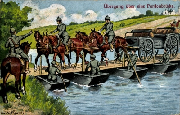Künstler Ak Hoffmann, Ad., Übergang über eine Pontonbrücke, Deutsche Soldaten