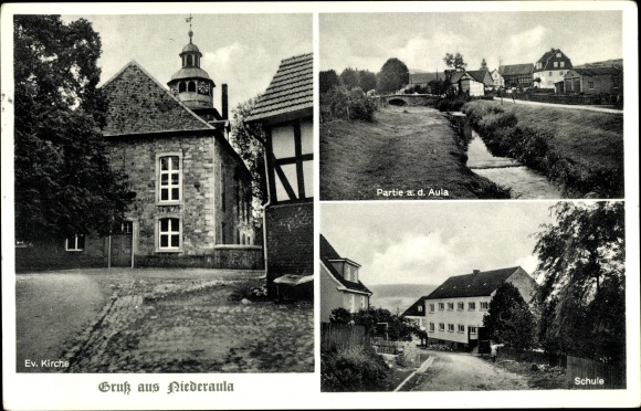 Ak Niederaula ad Fulda, school, protestantse kerk, kavel bij de aula