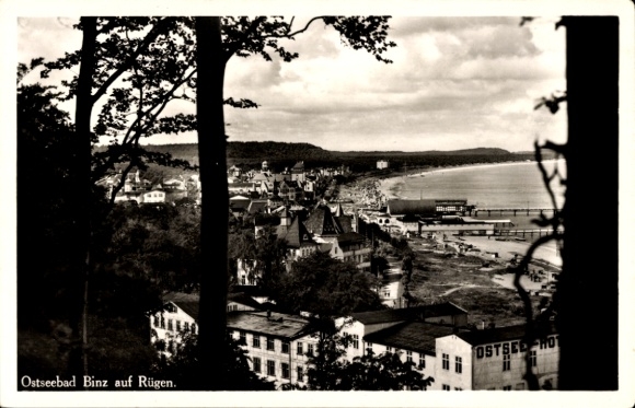 Postcard Seebad Binz on Rügen, panorama of the town, beach, from the forest