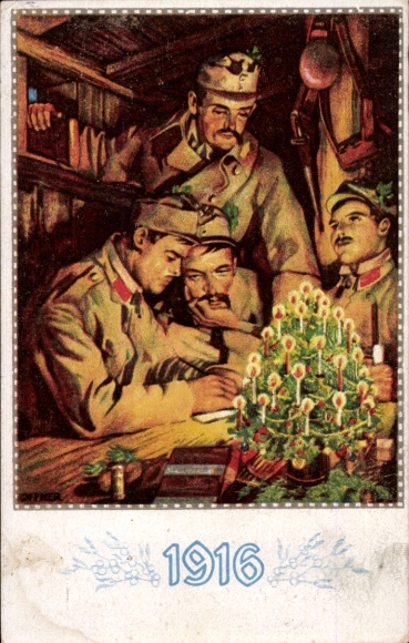 Artist Postcard Congratulations Christmas, soldiers at the Christmas tree