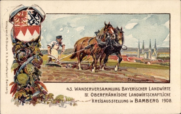 Postwaardestuk kunstenaar ansichtkaart Messerschmitt, IV. Landbouwtentoonstelling Bamberg 1908