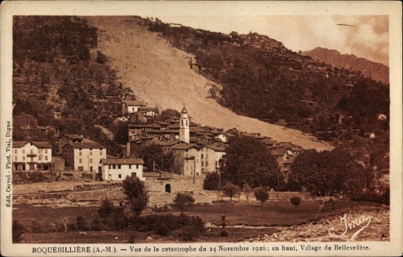 Postcard Roquebillière Alpes Maritimes, View of the 1926 disaster, Village of Bellevedere