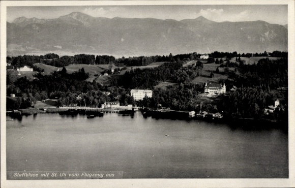 Postcard Seehausen am Staffelsee, Staffelsee, St. Uli, aerial view, landscape