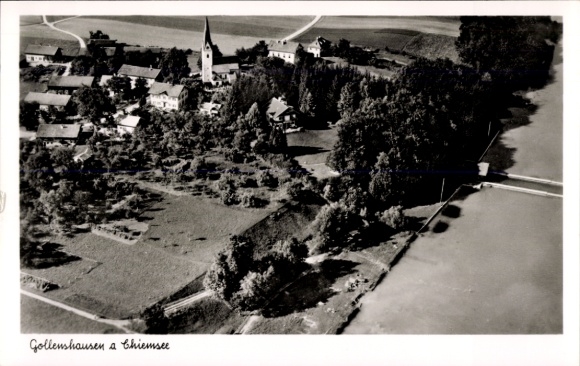 Postcard Gollenshausen Gstadt am Chiemsee, aerial view of the village, church, houses, Chiemsee at the lower