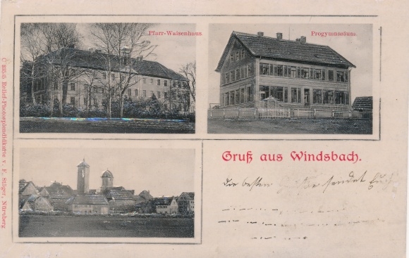 Relief Ak Windsbach in Mittelfranken, Pfarr- Waisenhaus, Progymnasium, Blick zur Kirche