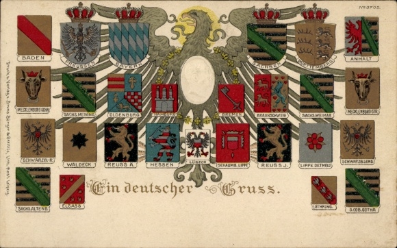 Embossed Coat of Arms Chromo-Litho A German Greeting, Kaiser Wilhelm II., Anhalt, Saxony, Hamburg, Bavaria