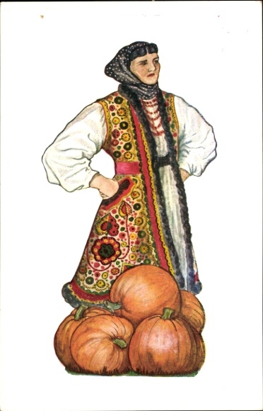 Postcard Turopolje Croatia, Young woman in folk costume, peasant woman, pumpkins