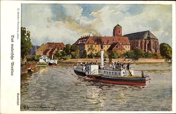 KP artysty Günther-Naumburg, D., Wrocław Breslau Śląsk, wyspa piasku, saloon parowiec