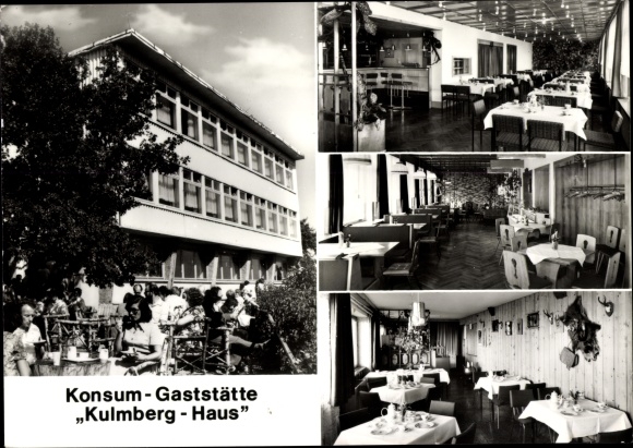 Postcard Dorfkulm Unterwellenborn in Thuringia, consumer restaurant Kulmberg-Haus, gnome bar