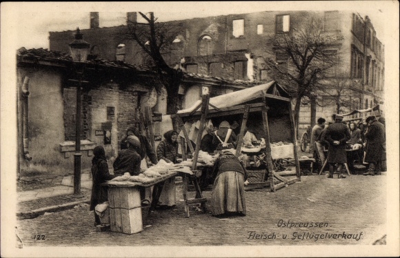 Postcard East Prussia, market, meat and poultry sales, East Prussia aid