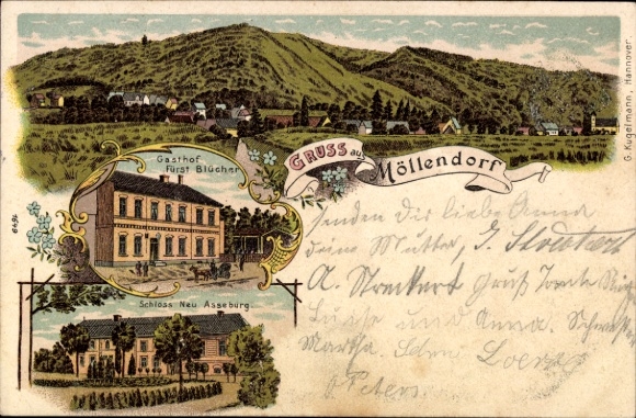 Ak Möllendorf Mansfeld im Harzvorland, Gasthof Fürst Blücher, Schloss Neu Asseburg, Gruß aus Möll