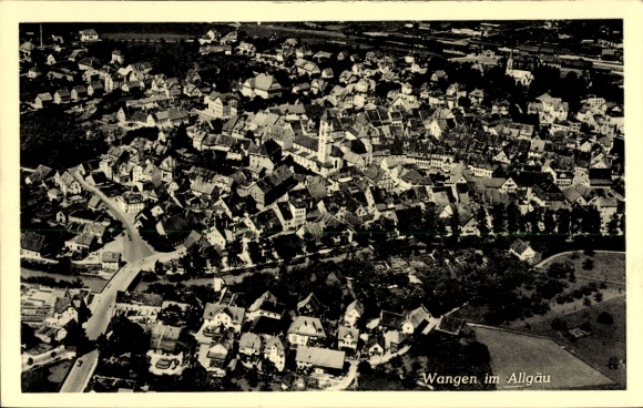 Postcard Wangen im Allgäu, aerial view of Wangen, numerous houses, church visible