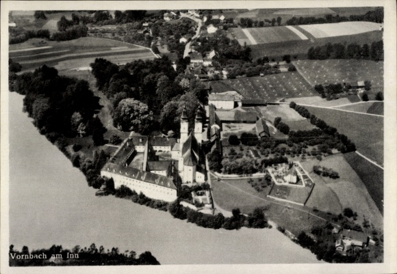 Postcard Vornbach Neuhaus am Inn, aerial photograph