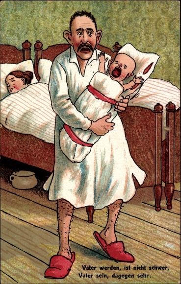 Postcard Becoming a father is not difficult, but being a father is very difficult, man with a crying baby