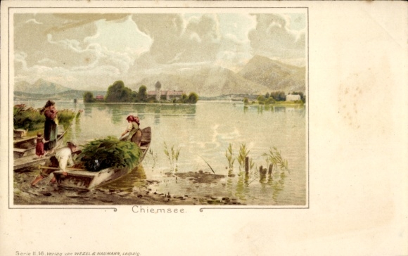 Ak Prien am Chiemsee Opper-Beieren, merenlandschap, boten, vissers, dorp op de achtergrond, bergen