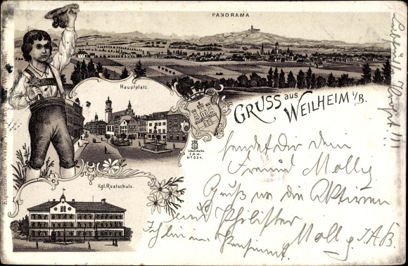 Chromo-Litho Weilheim Upper Bavaria, Panorama, Royal. Secondary school, main square, boy in costume