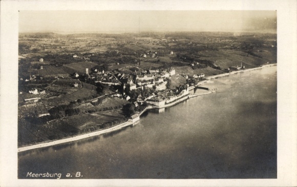 Postcard Meersburg on Lake Constance, aerial view of Lake Constance, vineyards, buildings