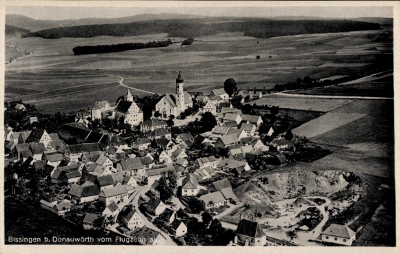 Postcard Bissingen in Swabia Bavaria, aerial view of Bissingen, church, rural surroundings, houses