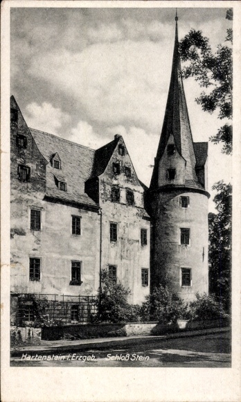 Postcard Stein Hartenstein in the Ore Mountains Saxony, Castle Stein, s building, high towers, partly dilapidated