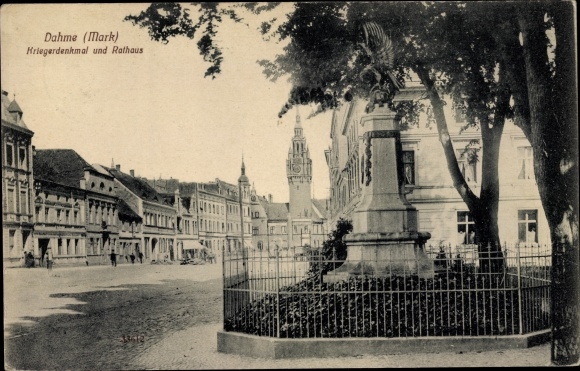 Postcard Dahme in der Mark, war memorial and town hall