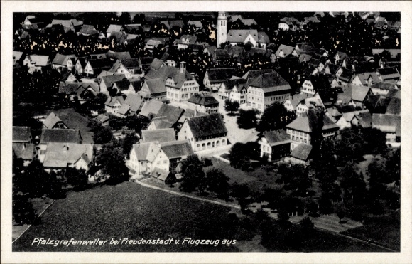 Postcard Pfalzgrafenweiler in the Black Forest Württemberg, aerial view of houses, trees, airplane perspective