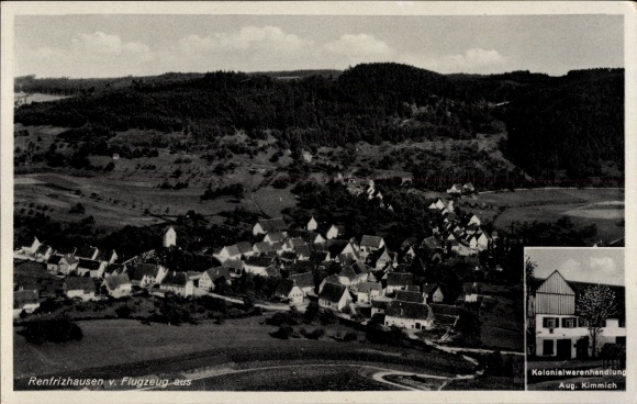 Postcard Renfrizhausen Sulz am Neckar, aerial photograph, grocery store Aug. Kimmich