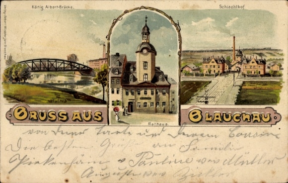 Chromo-Litho Glauchau on the Zwickauer Mulde in Saxony, King Albert Bridge, Town Hall, Slaughterhouse