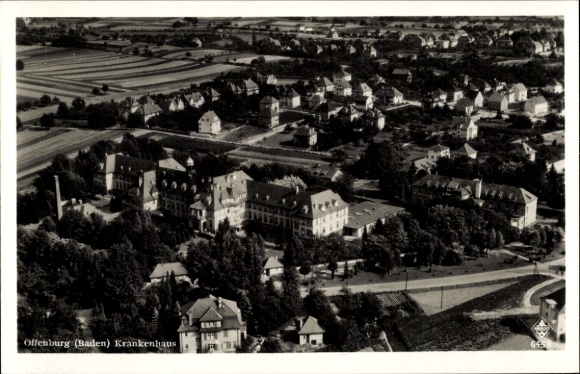 Postcard Offenburg in Baden Schwarzwald, hospital, aerial photograph