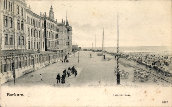 Postcard North Sea resort Borkum in East Frisia, Kaiserstraße, coastal view, people, buildings