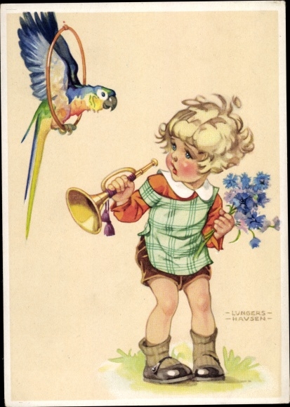 Artist PC Lungershausen, Ilse Wende, child with trumpet, parrot