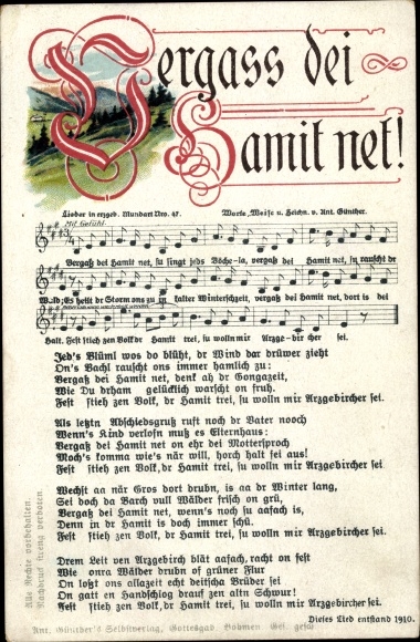 Song Postcard Günther, Anton, Erzgebirge dialect 47, Forget dei Hamit net