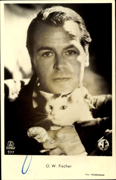 Autogrammkarte und Brief Schauspieler O.W. Fischer, Portrait mit Hauskatze