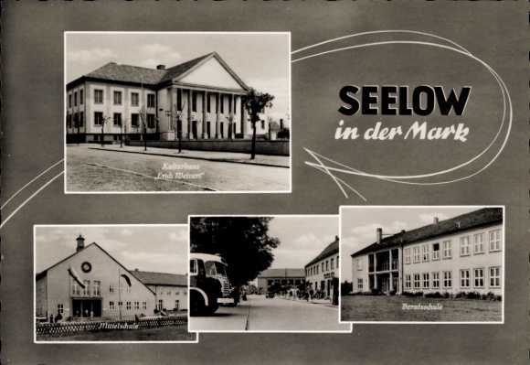 Postcard Seelow in der Mark, Kurhaus Ericht Weinert, middle school, vocational school, street section