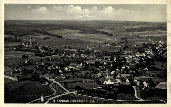 Postcard Biberbach in Swabia, aerial photograph, landscape, villages, church