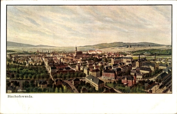 Postcard Bischofswerda in Saxony, aerial view of cityscape, landscape, architecture