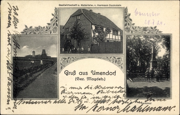 Postcard Ummendorf in Saxony Anhalt, inn and material goods store, monument, shaft