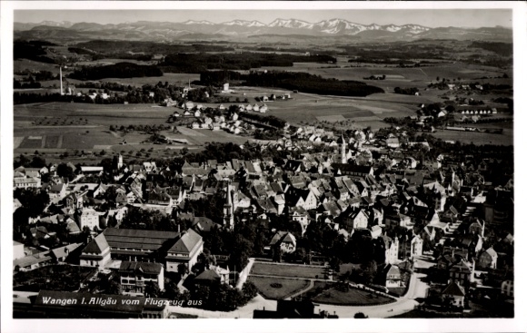Postcard Wangen im Allgäu, aerial photograph, mountains in the background, black and white