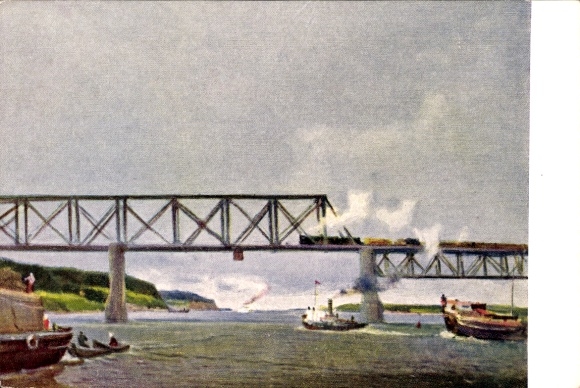 Postcard bridge, steamer, river, boats