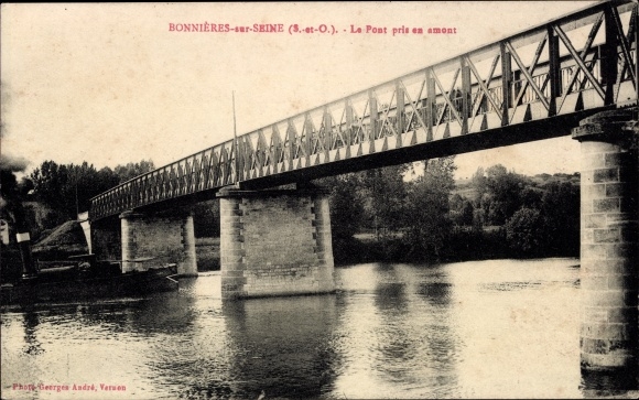 Postcard Bonnieres sur Seine Yvelines, bridge taken upstream