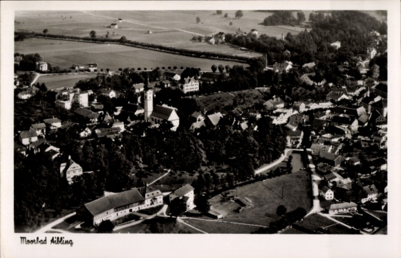 Postcard Bad Aibling in Upper Bavaria, aerial photograph, city view, residential buildings, church