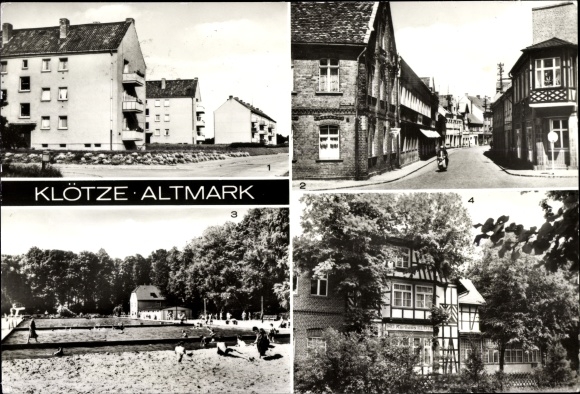 Postcard blocks in the Altmark, Oebisfelder Straße, forest pool, HO Kurhaus blocks, new buildings