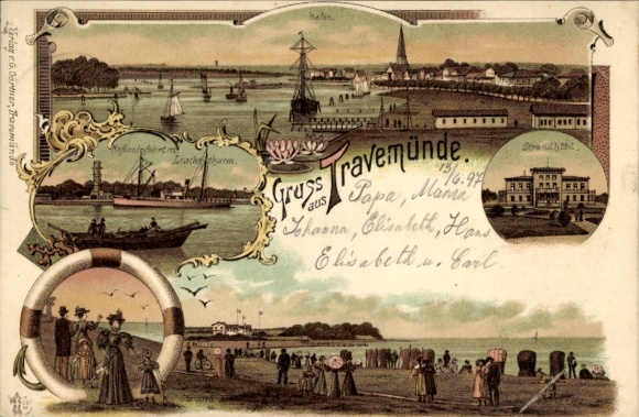 litho Ostseebad Travemünde Lübeck, vuurtoren, haven, strandhotel