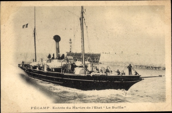 Ak Fécamp Seine Maritime, Dampfschiff Le Buffle, Hafenansicht, Wellen, Flagge, Aussicht