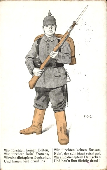 Künstler Ak Engelhard, P.O.E., Deutscher Soldat, Gewehr, Bajonett, Wir fürchten keinen Briten,Zieher