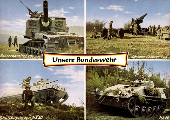 Postcard Bundeswehr of the Federal Republic of Germany, self-propelled howitzer, heavy field artillery, HS 30 infantry fighting vehicle, soldiers