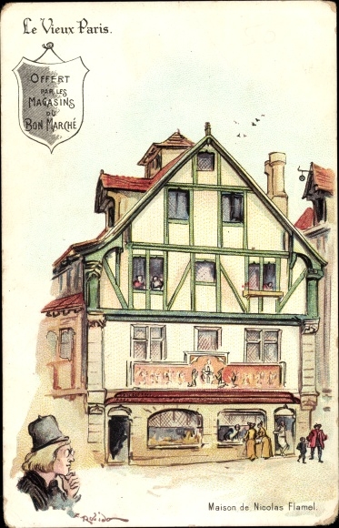 Artist Chromo-Litho Robida, A., Paris, Old Paris, House of Nicolas Flamel, Bon Marché stores