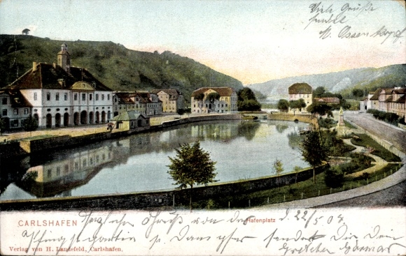 Postcard Bad Karlshafen on the Weser, harbor square, town hall