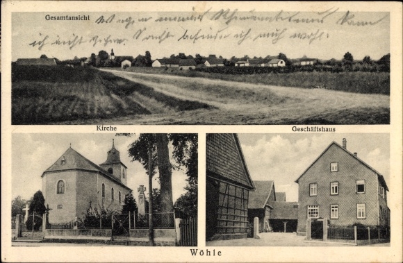 Postcard Wöhle Schellerten in Lower Saxony, general view, church, commercial building