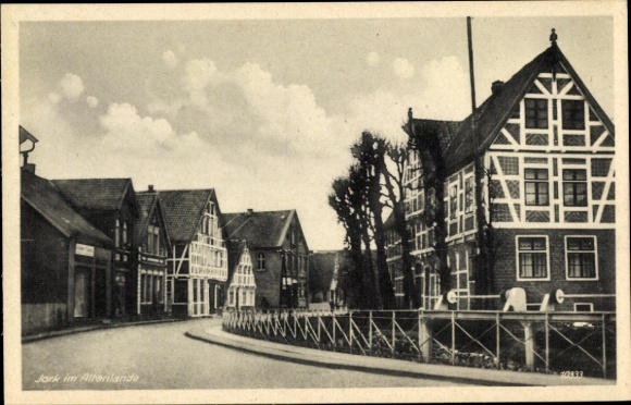 Postcard Jork in the district of Stade, street section, half-timbered houses