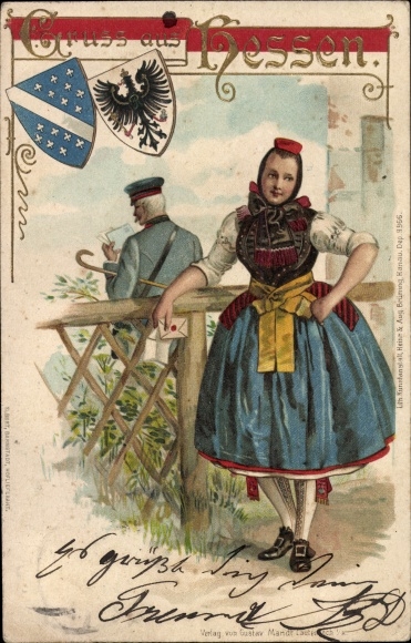 Embossed Coat of Arms Chromo-Litho Greetings from Hesse, woman in Schwalm costume
